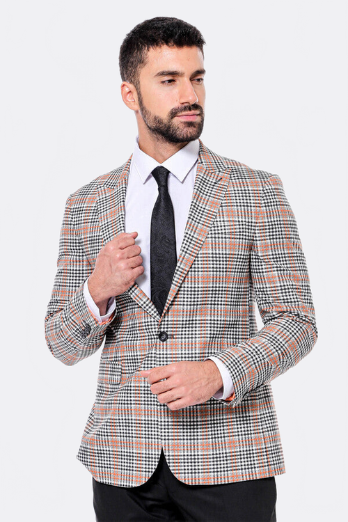 Plaid Slim-Fit Orange Black Men Blazer - Wessi