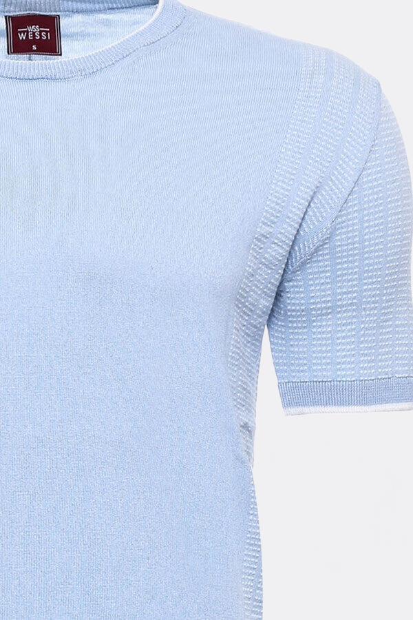 Circle Neck Patterned Blue Knitted T-Shirt - Wessi