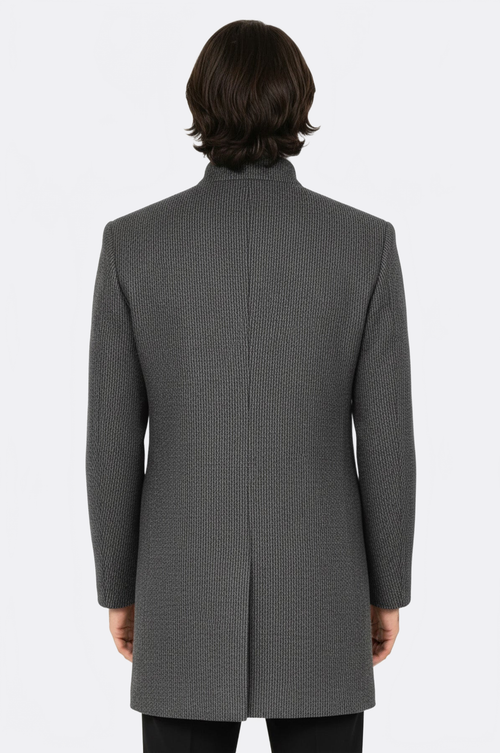 Standing Collar Patterned Grey Men Coat - Wessi