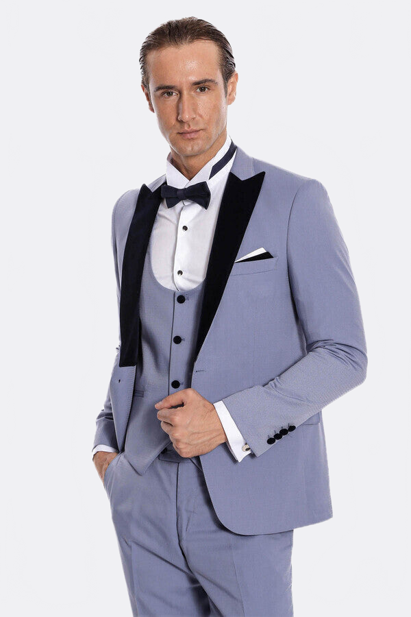 Velvet Lapel Slim Fit Light Blue Men Suit - Wessi