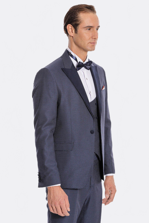 Removable Lapel Vested Navy Blue Tuxedo - Wessi