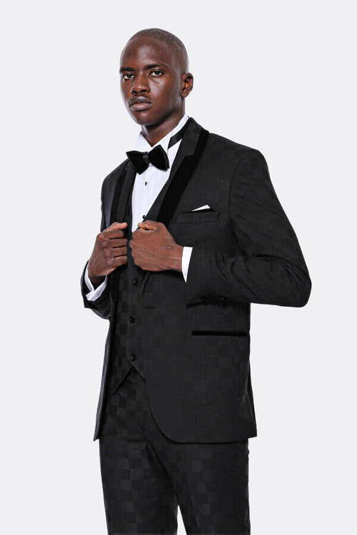Plaid Slim Fit Black Men Tuxedo  - Wessi