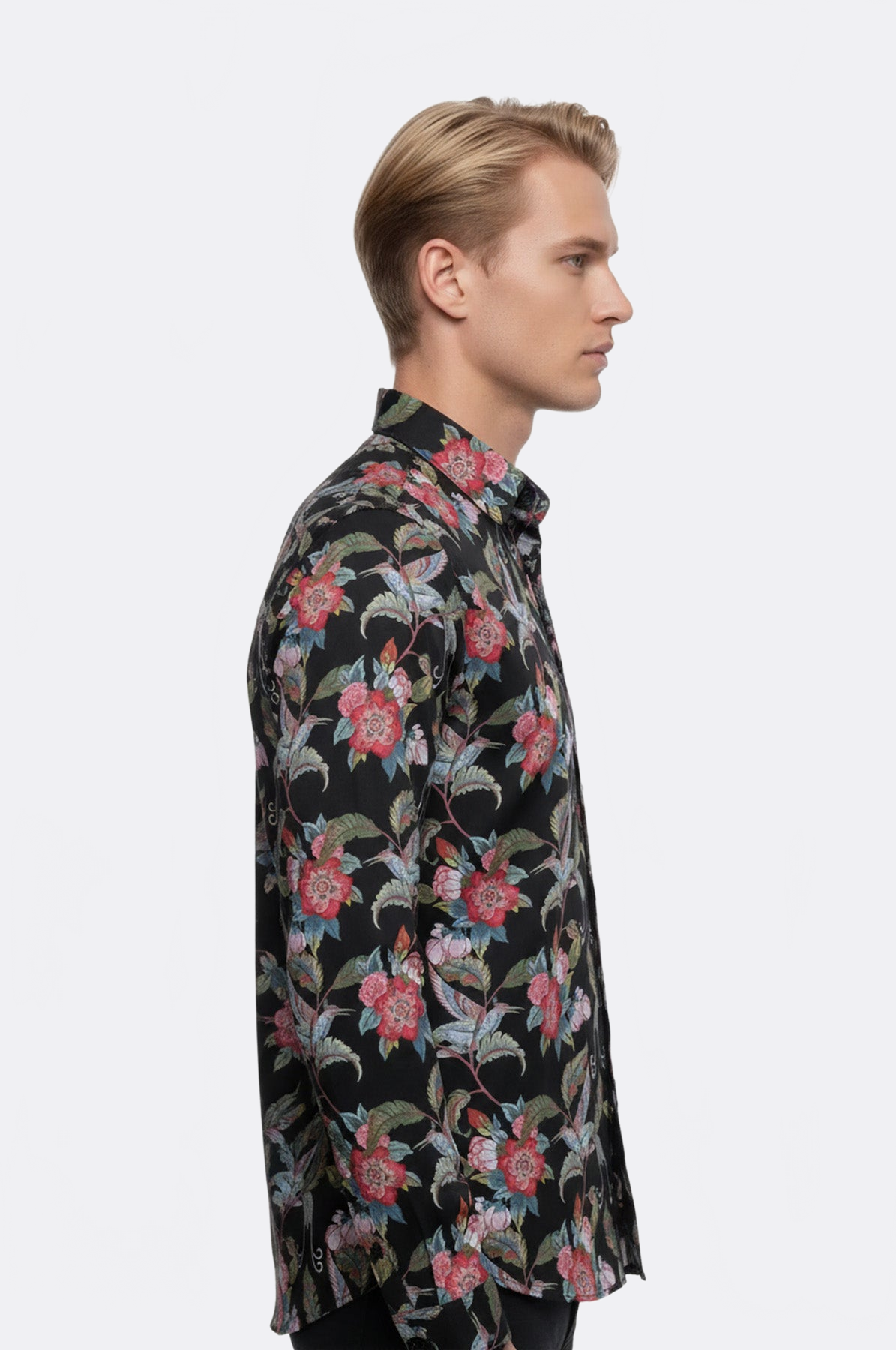 Hummingbird And Floral Patterned Long Sleeves Black Men Shirt - Wessi