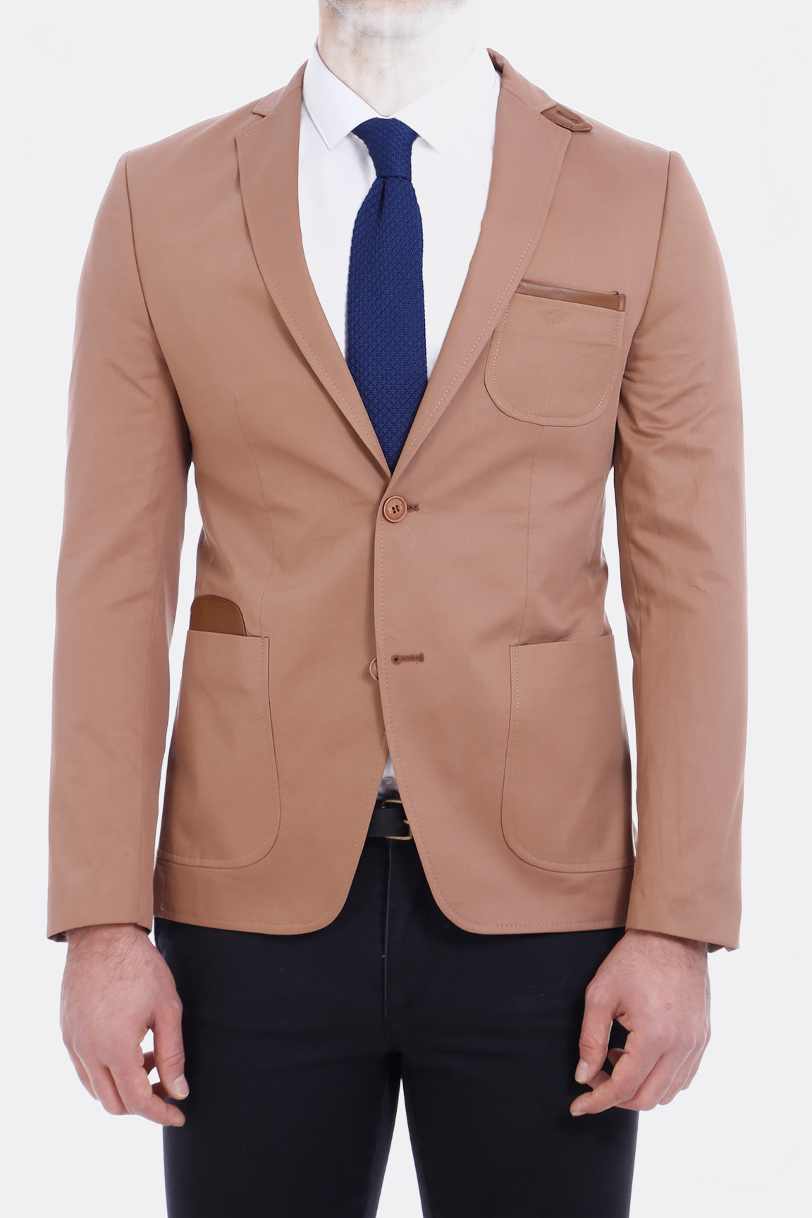 Double Buttons Mono Lapel Bag Pocket Beige Jacket-Wessi