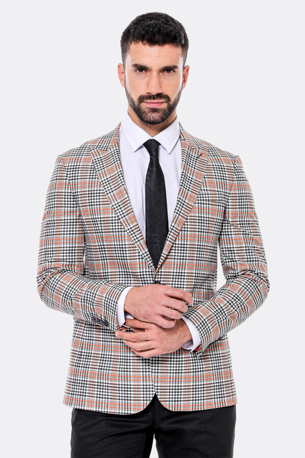Plaid Slim-Fit Orange Black Men Blazer - Wessi