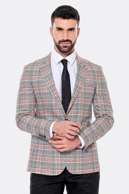 Plaid Slim-Fit Orange Black Men Blazer - Wessi