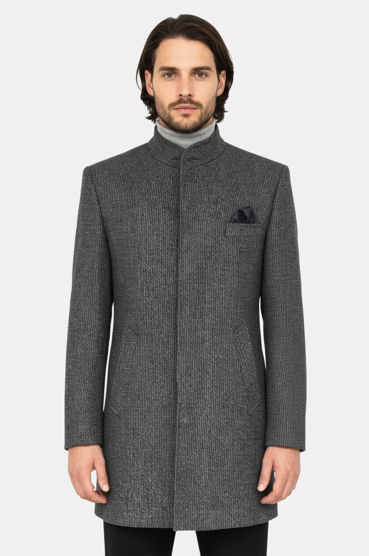 Standing Collar Patterned Grey Men Coat - Wessi