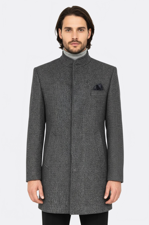Standing Collar Patterned Grey Men Coat - Wessi