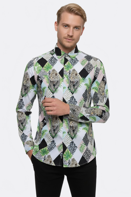 Leopard Pattern Long Sleeves Multicolor Men Shirt - Wessi