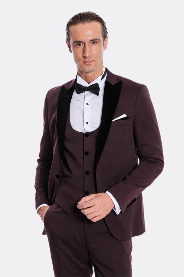 Velvet Lapel Slim Fit Burgundy Men Tuxedo - Wessi