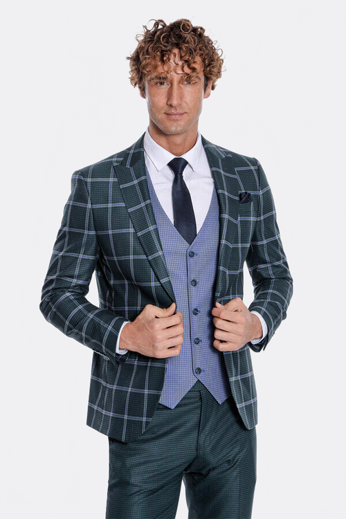 Checked Patterned Slim Fit Green Men Suit - Wessi