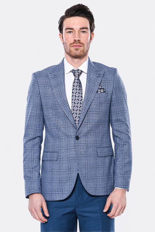 Checked Slim-Fit Single Button Blue Men Blazer - Wessi