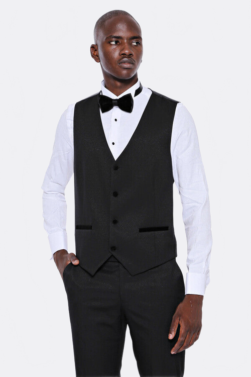 Patterned Velvet Lapel Black Men Tuxedo - Wessi