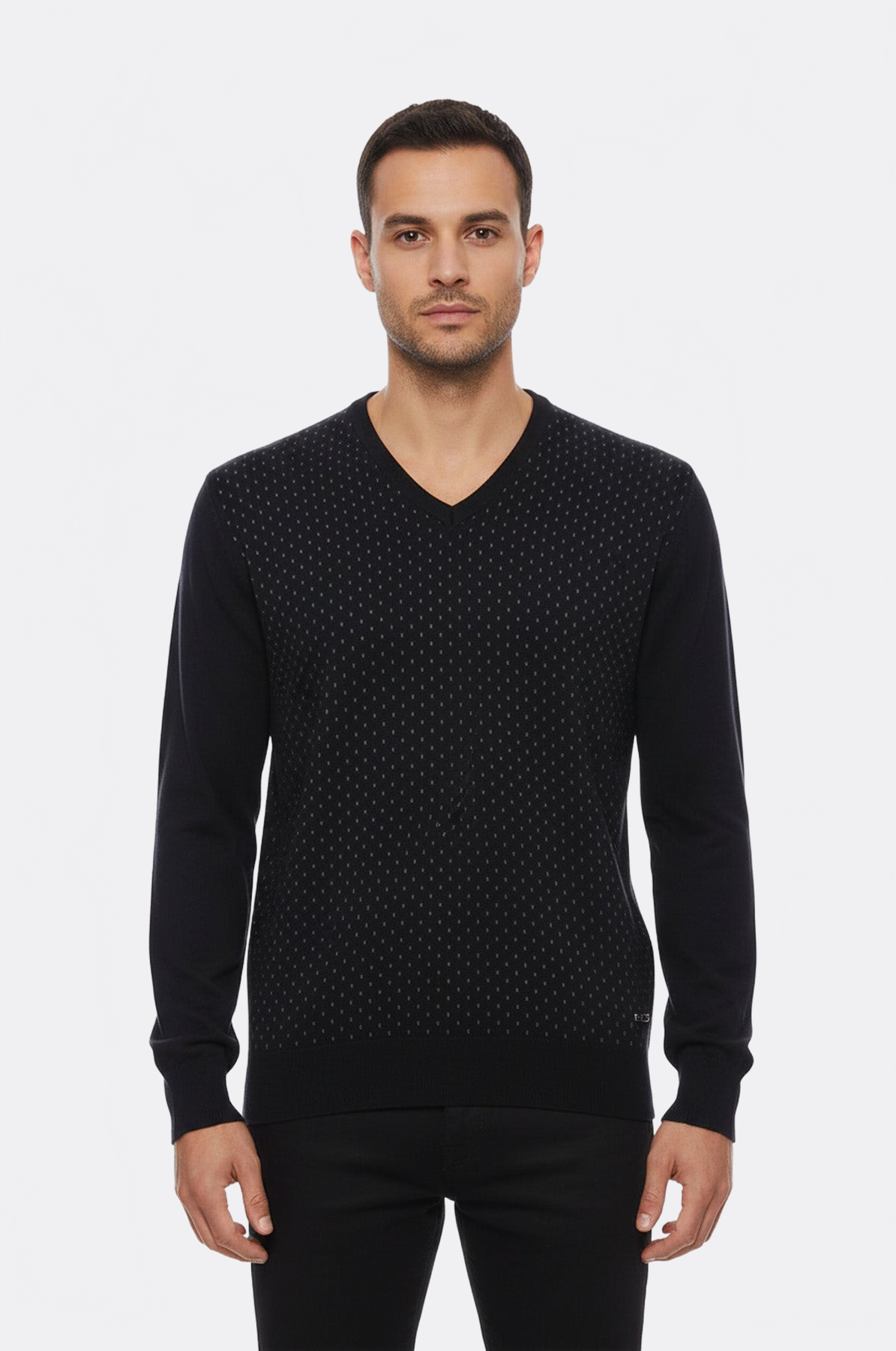 Dot Patterned V Neck Black Sweater - Wessi