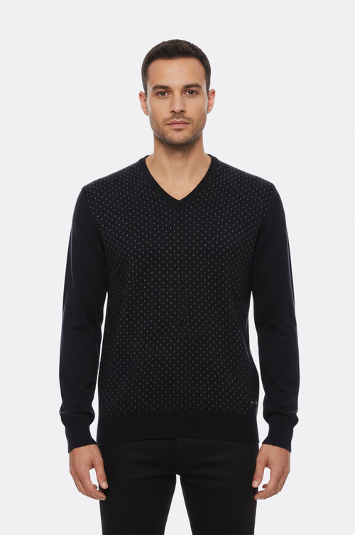 Dot Patterned V Neck Black Sweater - Wessi