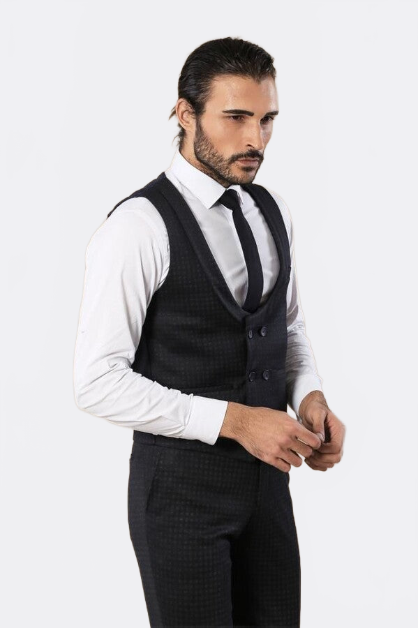 Patterned Double Breasted Navy Blue Men Trousers Vest Set - Wessi