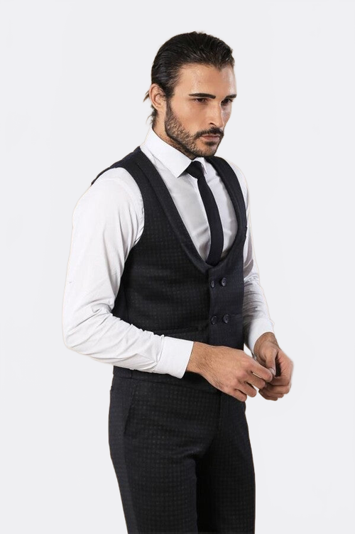 Patterned Double Breasted Navy Blue Men Trousers Vest Set - Wessi