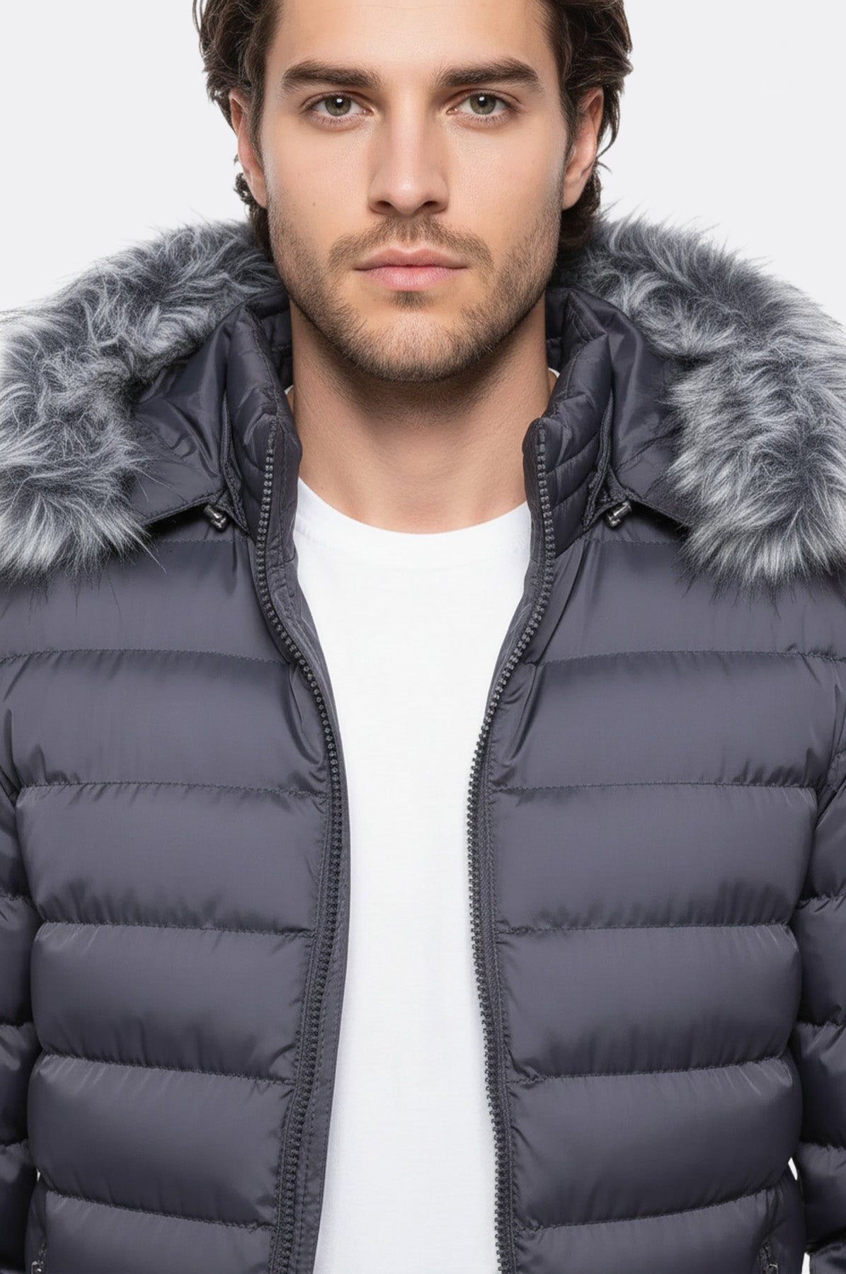 Grey Men's Puffer Coat with Fur - Wessi