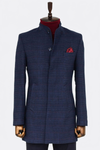 Standing Collar Checked Navy Blue Men Coat - Wessi