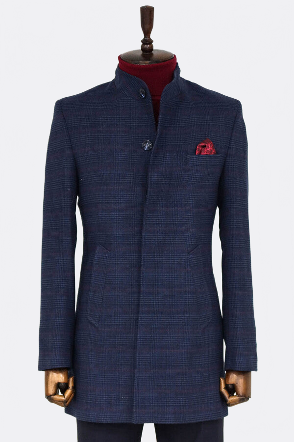 Standing Collar Checked Navy Blue Men Coat - Wessi