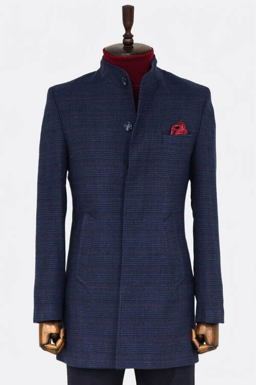 Standing Collar Checked Navy Blue Men Coat - Wessi