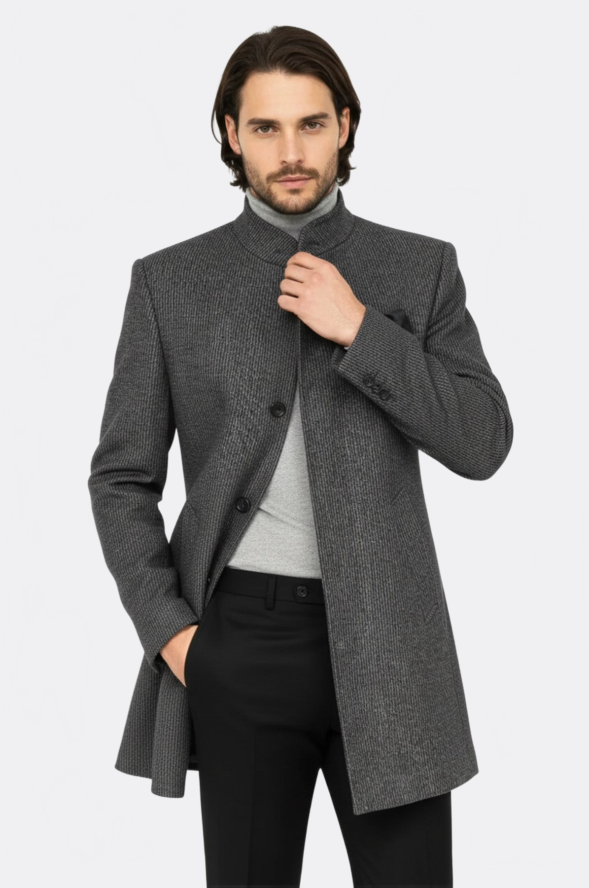 Standing Collar Patterned Grey Men Coat - Wessi
