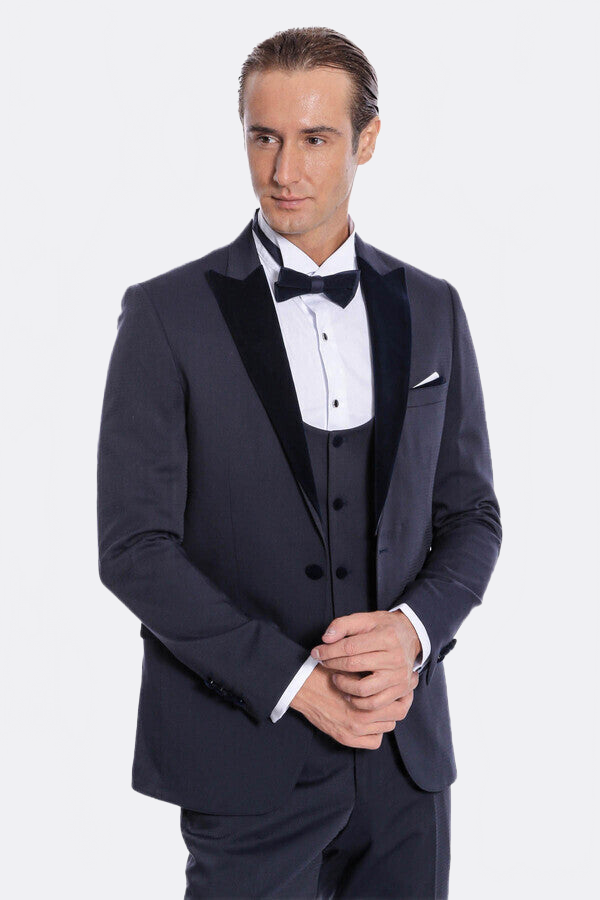 Velvet Lapel Slim Fit Navy Blue Men Tuxedo - Wessi