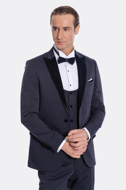 Velvet Lapel Slim Fit Navy Blue Men Tuxedo - Wessi