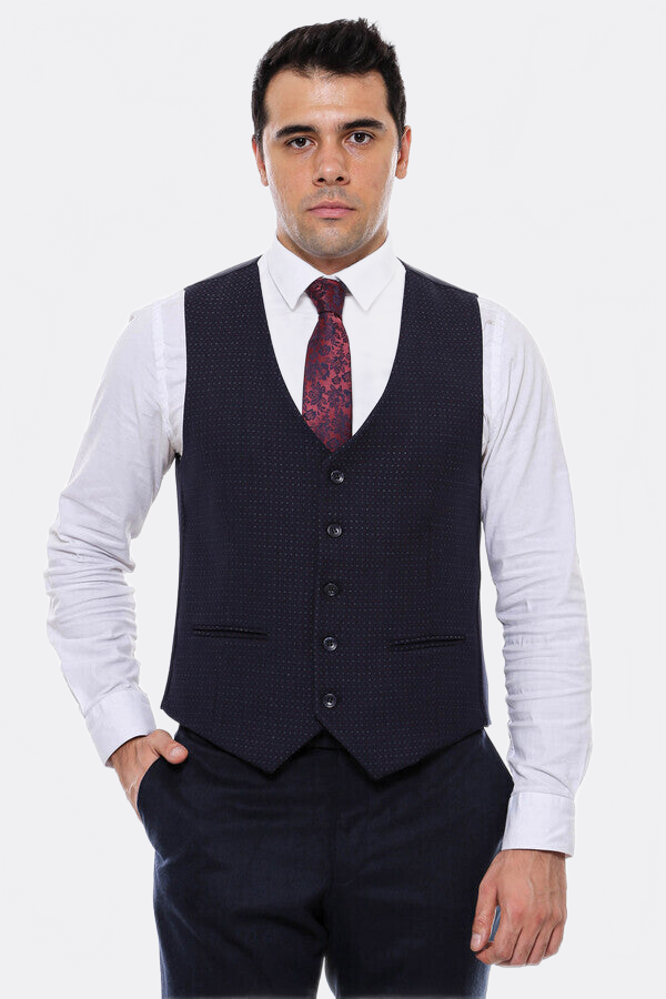 Dot Patterned Navy Blue Vest - Wessi