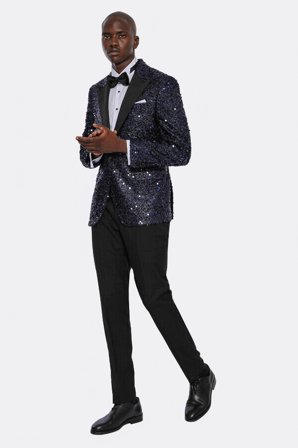 Navy Blue Sequin Patterned Party Blazer | Wessi