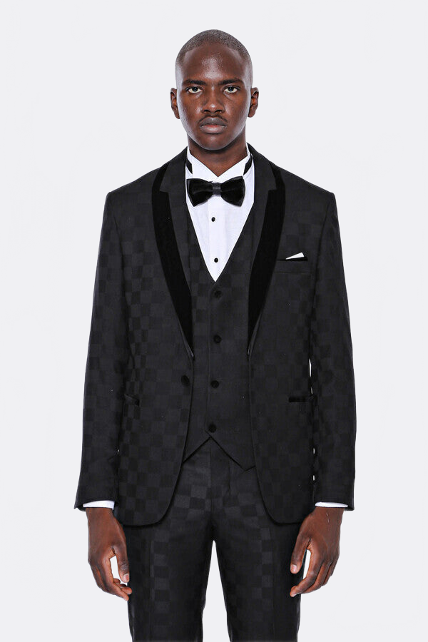 Plaid Slim Fit Black Men Tuxedo  - Wessi