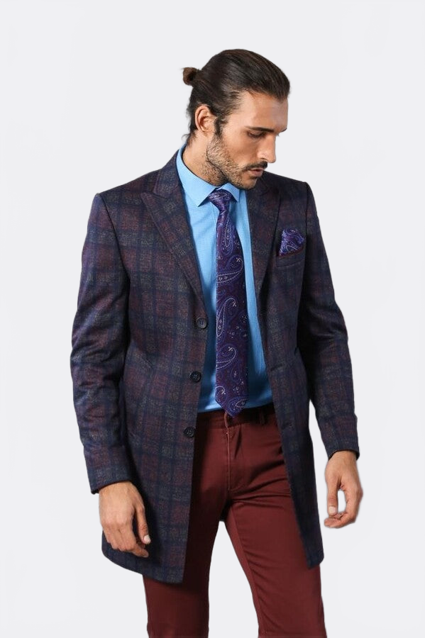 Double-Breasted Plaid Burgundy Men Coat - Wessi