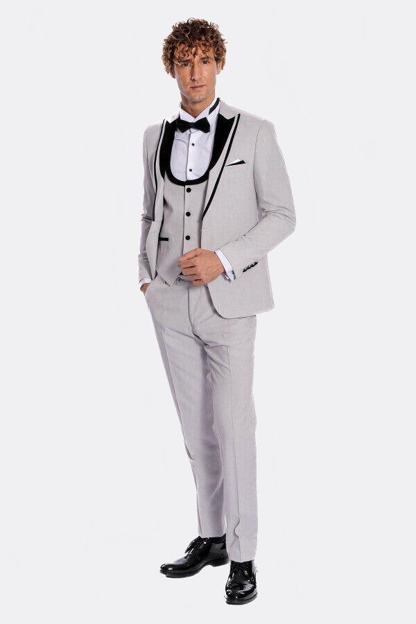 Velvet Lapel Vested Patterned Grey Men Tuxedo - Wessi