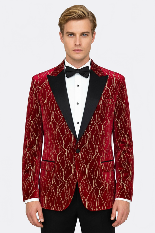 Patterned Burgundy Men Prom Blazer - Wessi