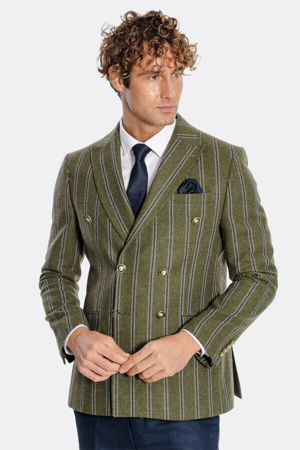 Wide Lapel Striped Double Breasted Green Men Blazer - Wessi
