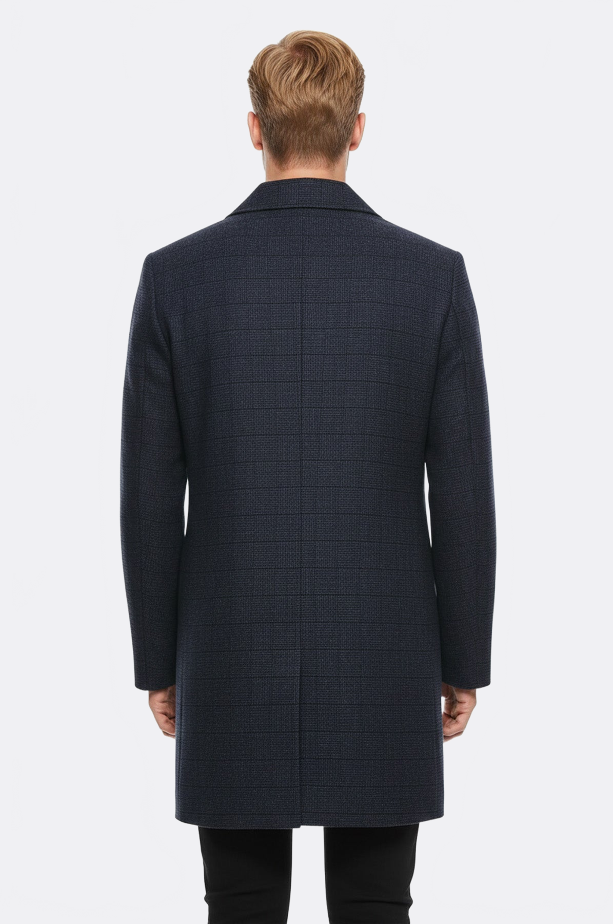Navy Checked Hidden Button Peak Lapel Coat - Wessi