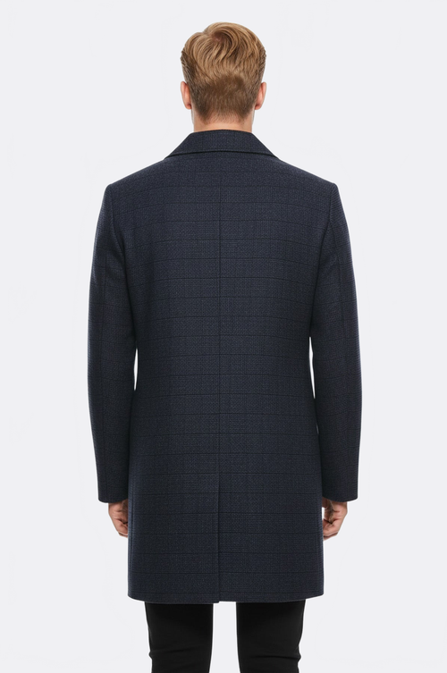 Navy Checked Hidden Button Peak Lapel Coat - Wessi