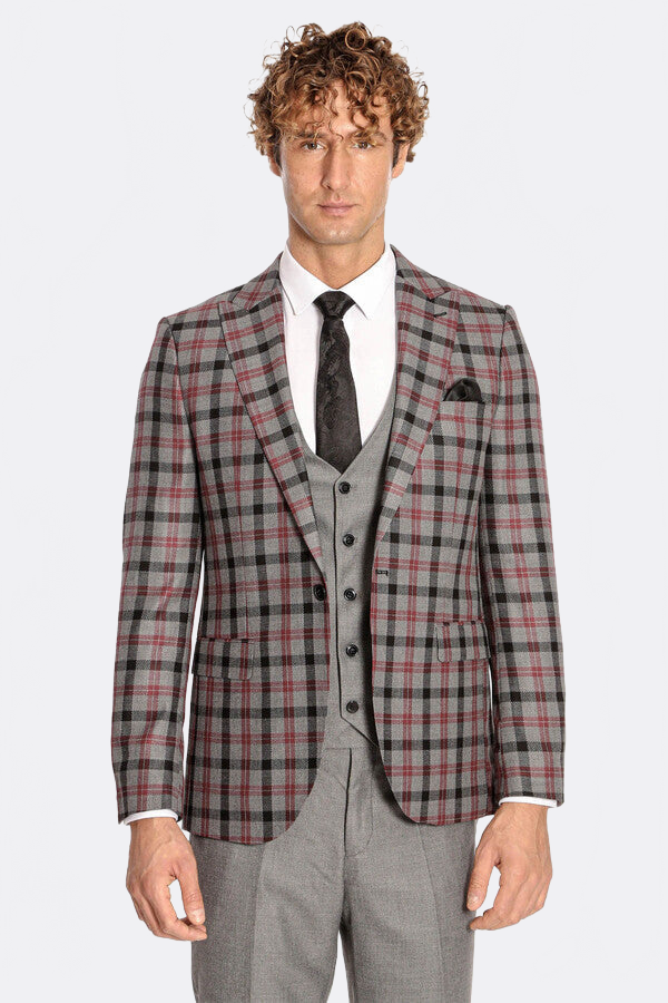 Checked Slim Fit Grey Men Suit - Wessi