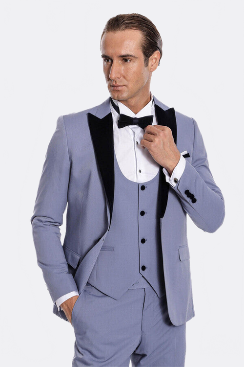 Velvet Lapel Slim Fit Light Blue Men Suit - Wessi