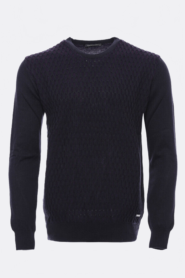 Navy Blue Diamond Patterned Circle Neck Sweater - Wessi