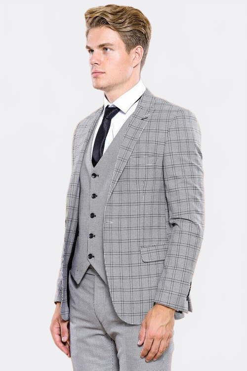 Grey Plaid Vested Men's Suit | Wessi