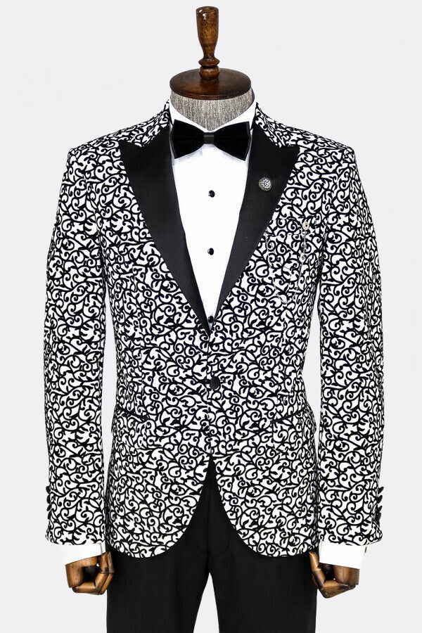 Scroll Patterned White Men Prom Blazer - Wessi