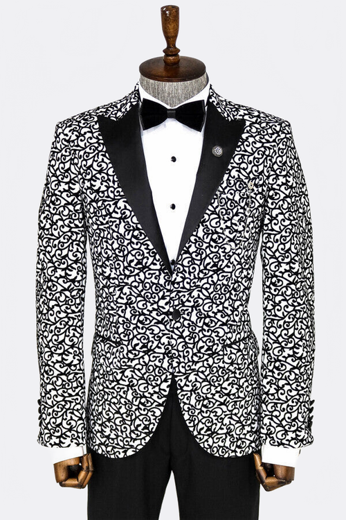 Scroll Patterned White Men Prom Blazer - Wessi