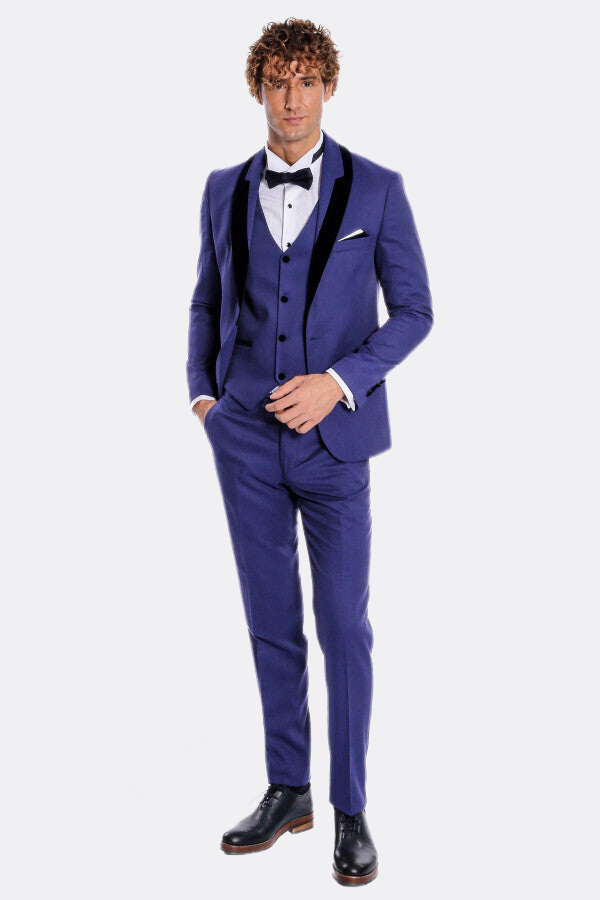 Patterned Velvet Lapel Blue Men Tuxedo - Wessi