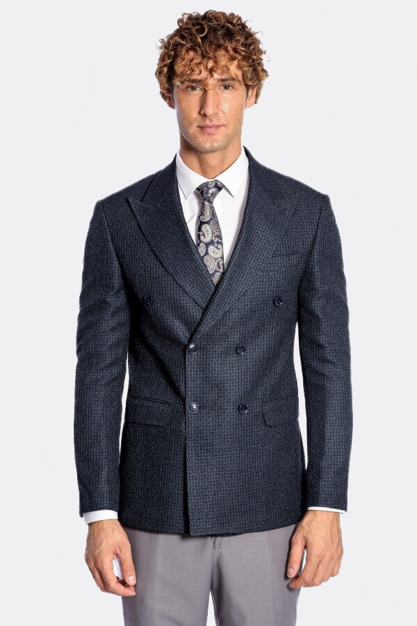 Houndstooth Patterned Navy Blue Men Double Breasted Blazer - Wessi