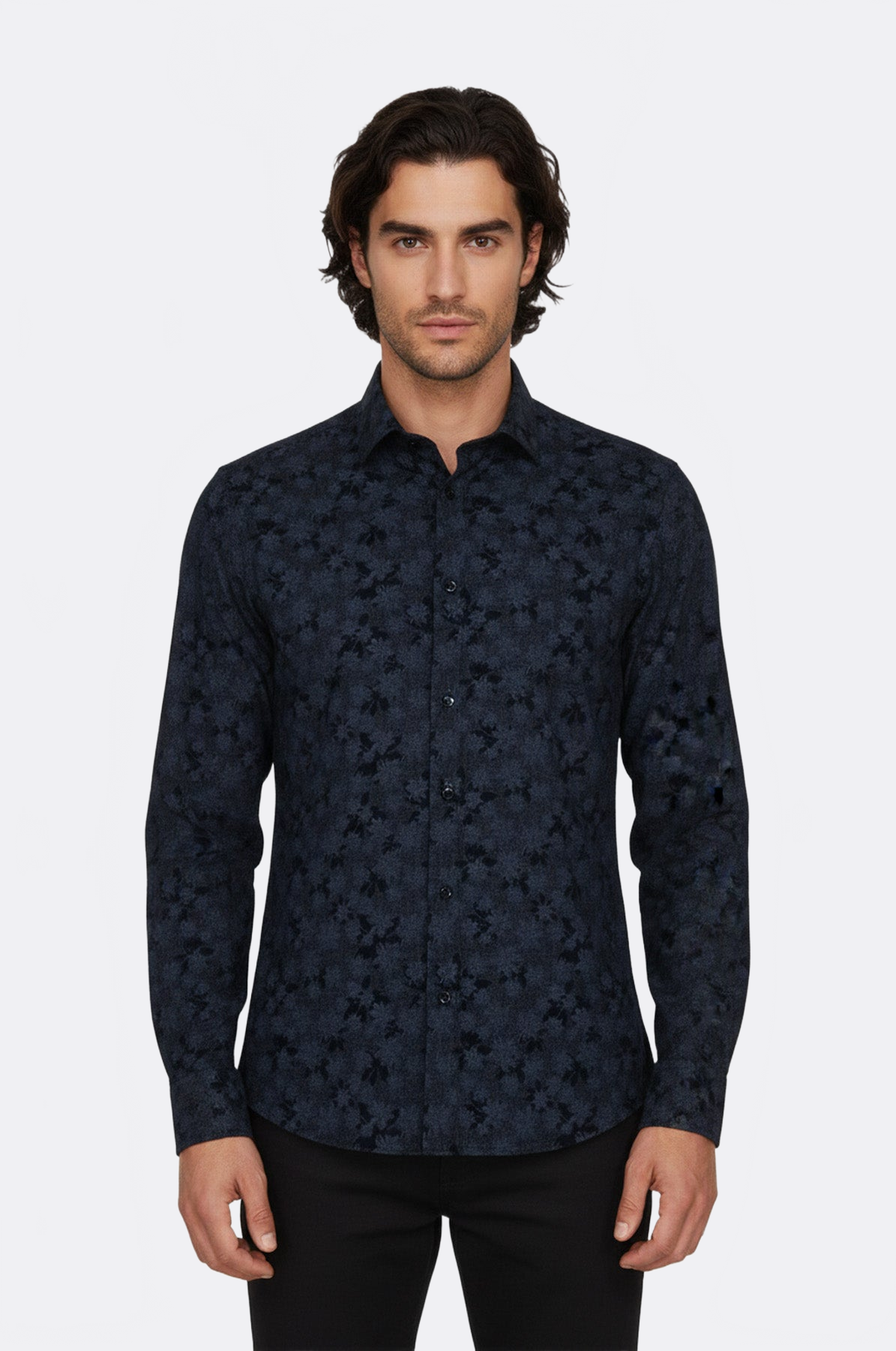 Bloom Patterned Dark Blue Slim Fir Shirt - Wessi