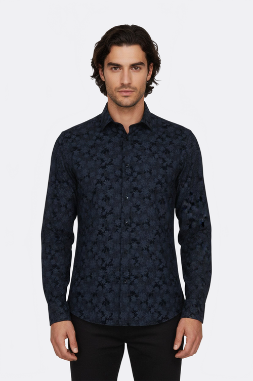 Bloom Patterned Dark Blue Slim Fir Shirt - Wessi