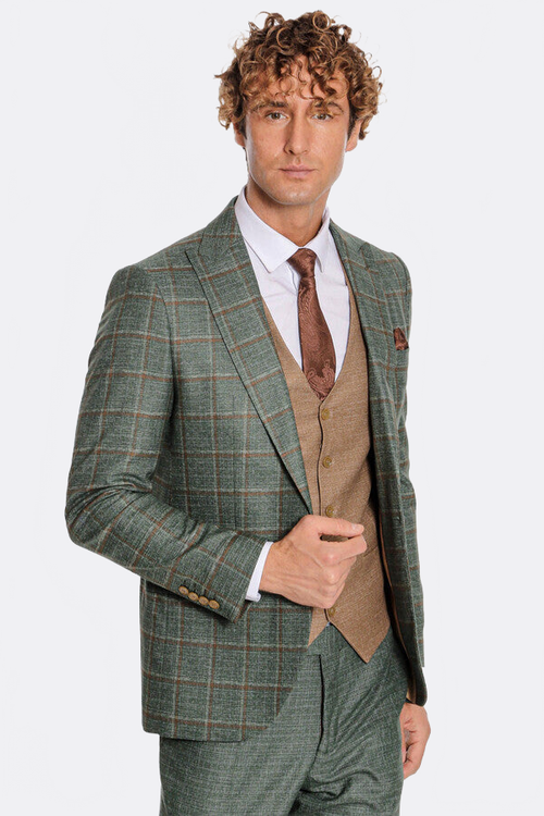Slim Fit Checked Patterned Green Men Suit - Wessi