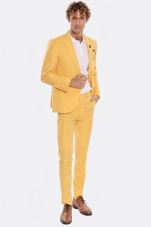 2 Piece Patterned Slim Fit Yellow Men Suit - Wessi