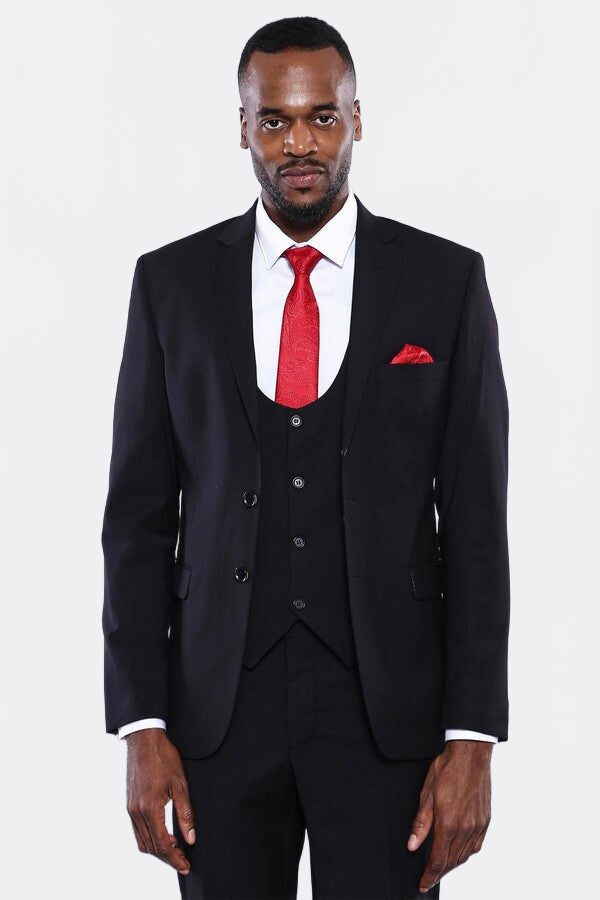 Plain Black 3-Piece Men's Suit - Wessi